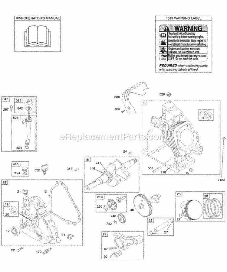 Camshaft Crankcase Cover Crankshaft Cylinder Lubrication OperatorS Manual PistonRingsConnecting Rod Warning Label Diagram and Parts List for 206455-0115-E1  Briggs and Stratton Engine